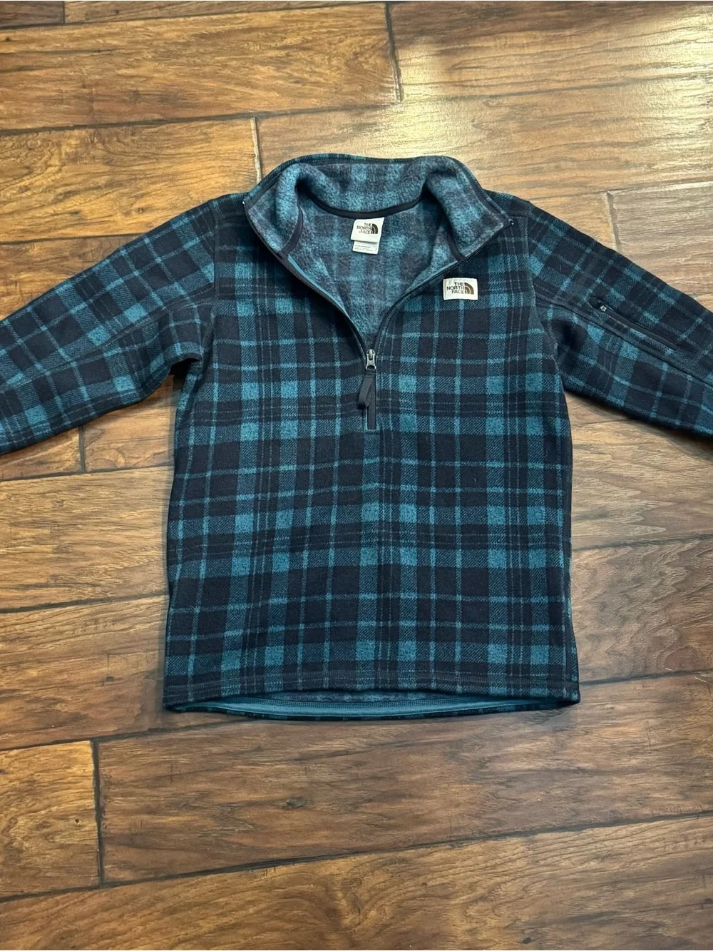 The North Face Men’s Small Plaid Fleece Pullover Blue Black 1/4 Zip Jacket